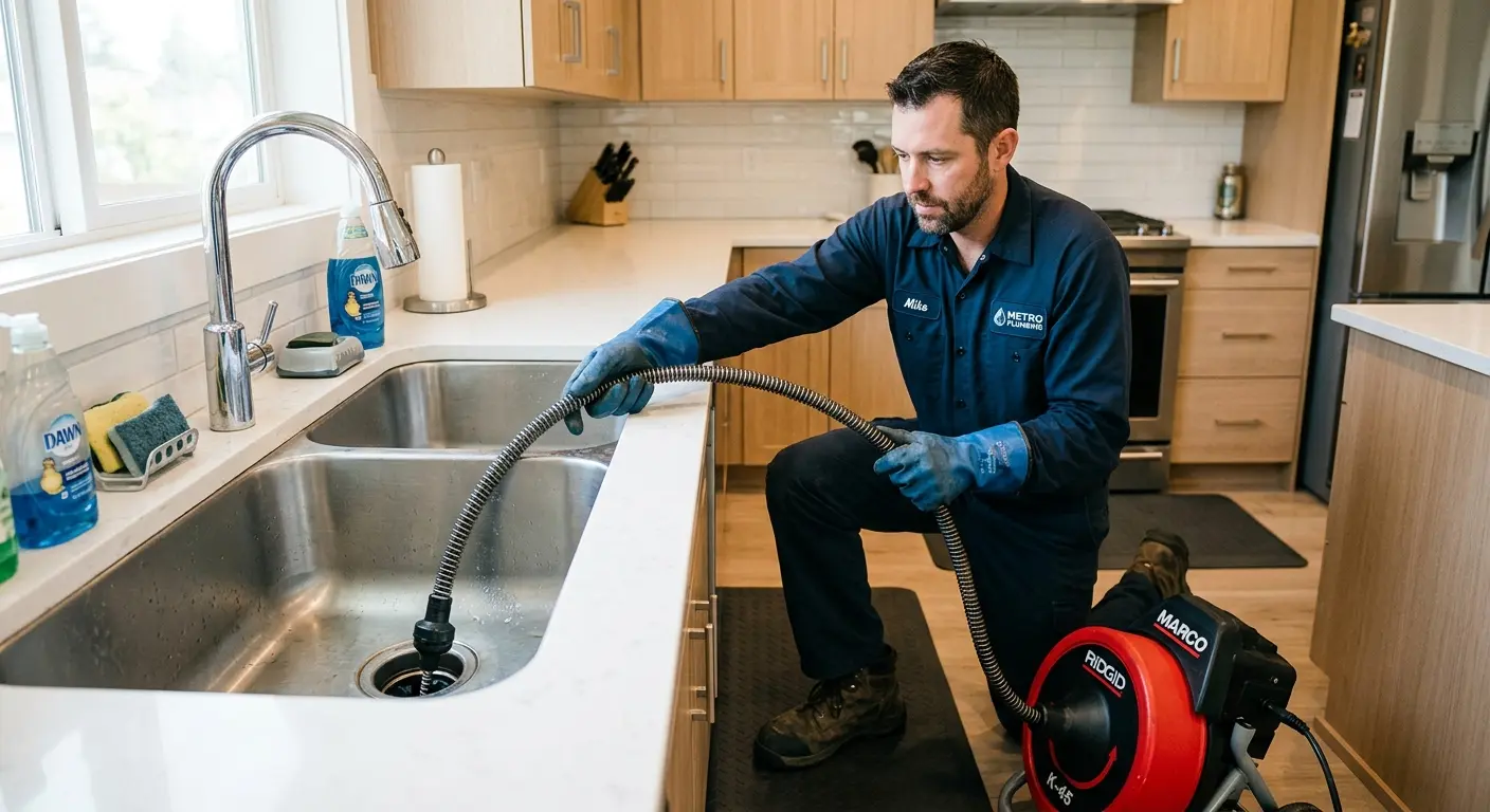 Drain cleaning technician using a motorized snake on a kitchen sink in Asbury Park