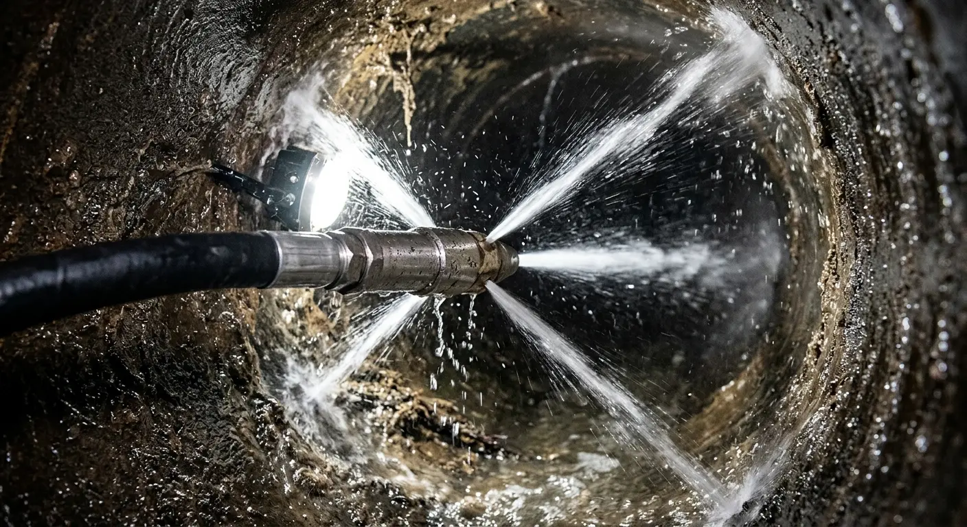High-pressure hydro jetting nozzle cleaning sewer pipe for Emergency Drain Service in Asbury Park