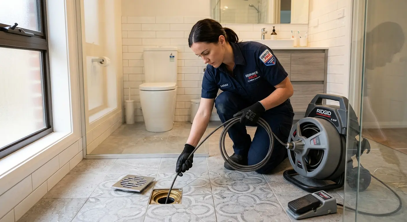 Technician clearing a bathroom floor drain for Drain Repair in Asbury Park